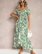rosa Rochie Evazată Verde din Viscoză cu elastic în talie și cordon din material Vikllia
