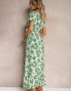 rosa Rochie Evazată Verde din Viscoză cu elastic în talie și cordon din material Vikllia
