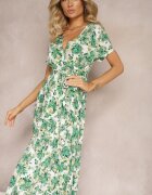 rosa Rochie Evazată Verde din Viscoză cu elastic în talie și cordon din material Vikllia