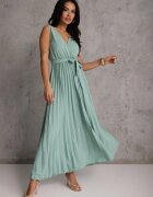 rosa Rochie Evazată Verde Maxi cu Fusta Plisată și cu Talie Elastică Sare