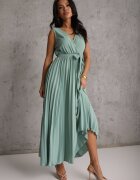 rosa Rochie Evazată Verde Maxi cu Fusta Plisată și cu Talie Elastică Sare