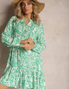 rosa Rochie Evazată Verde Mini din Viscoză în Stil Cămașă cu Motiv Natură Berdia