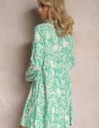 rosa Rochie Evazată Verde Mini din Viscoză în Stil Cămașă cu Motiv Natură Berdia