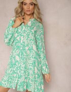 rosa Rochie Evazată Verde Mini din Viscoză în Stil Cămașă cu Motiv Natură Berdia