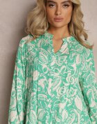 rosa Rochie Evazată Verde Mini din Viscoză în Stil Cămașă cu Motiv Natură Berdia