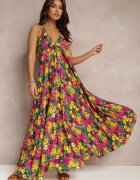 rosa Rochie Florală Galben-Fuchsia Maxi din Vâscoză cu Legătură la Gât și la Spate Lunka