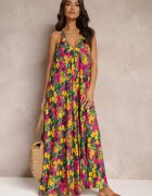 rosa Rochie Florală Galben-Fuchsia Maxi din Vâscoză cu Legătură la Gât și la Spate Lunka