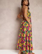 rosa Rochie Florală Galben-Fuchsia Maxi din Vâscoză cu Legătură la Gât și la Spate Lunka