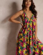 rosa Rochie Florală Galben-Fuchsia Maxi din Vâscoză cu Legătură la Gât și la Spate Lunka