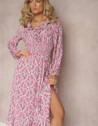 rosa Rochie Fucsia cu Volan la Decolteu și Elastic Lat în Talie Pshibih