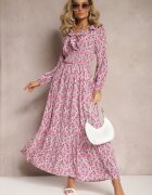 rosa Rochie Fucsia cu Volan la Decolteu și Elastic Lat în Talie Pshibih