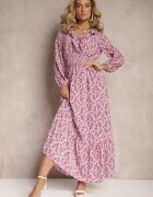 rosa Rochie Fucsia cu Volan la Decolteu și Elastic Lat în Talie Pshibih
