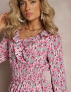 rosa Rochie Fucsia cu Volan la Decolteu și Elastic Lat în Talie Pshibih