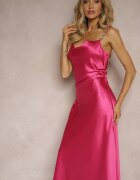 rosa Rochie Fucsia de satin decorată cu zirconii și decolteu fluid Mesalttia