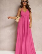 rosa Rochie Fucsia Evazată de Bumbac cu Legătură la Gât Panethea