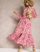 rosa Rochie Fucsia Florală Maxi cu Volane și Cordon din Material Textil Ayvie