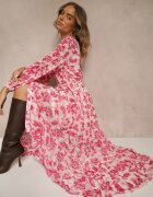 rosa Rochie Fucsia Florală Maxi cu Volane și Cordon din Material Textil Ayvie