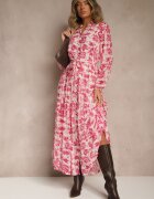 rosa Rochie Fucsia Florală Maxi cu Volane și Cordon din Material Textil Ayvie