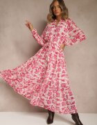 rosa Rochie Fucsia Florală Maxi cu Volane și Cordon din Material Textil Ayvie