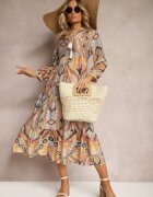 rosa Rochie Galben-Maro cu croială evazată cu mâneci 3/4 cu legătură la gât Cinia