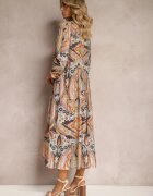 rosa Rochie Galben-Maro cu croială evazată cu mâneci 3/4 cu legătură la gât Cinia