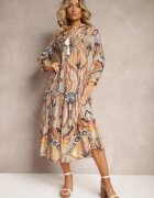 rosa Rochie Galben-Maro cu croială evazată cu mâneci 3/4 cu legătură la gât Cinia