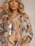 rosa Rochie Galben-Maro cu croială evazată cu mâneci 3/4 cu legătură la gât Cinia