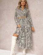 rosa Rochie Gri cu Pete cu Elastic și Curea Împletită în Talie Vaneteia