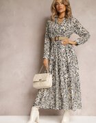 rosa Rochie Gri cu Pete cu Elastic și Curea Împletită în Talie Vaneteia