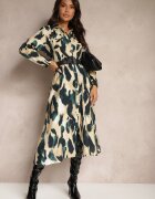 rosa Rochie Imprimată Verde-bej stil cămașă cu curea împletită Mirirani
