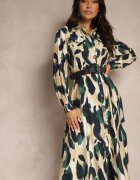 rosa Rochie Imprimată Verde-bej stil cămașă cu curea împletită Mirirani