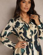 rosa Rochie Imprimată Verde-bej stil cămașă cu curea împletită Mirirani
