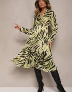 rosa Rochie Imprimată Verde cu Croi Evazat Tip Plic cu Curea și Elastic Zinravia