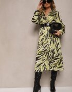 rosa Rochie Imprimată Verde cu Croi Evazat Tip Plic cu Curea și Elastic Zinravia