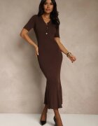 rosa Rochie Maro Cambrată din Tricot cu Viscoză cu Nasturi la Decolteu Fenittia