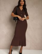 rosa Rochie Maro Cambrată din Tricot cu Viscoză cu Nasturi la Decolteu Fenittia