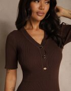 rosa Rochie Maro Cambrată din Tricot cu Viscoză cu Nasturi la Decolteu Fenittia