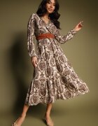 rosa Rochie Maro cu Decolteu Petrecut din Viscoză cu Motiv Boho și Curea Rinnaria