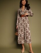 rosa Rochie Maro cu Decolteu Petrecut din Viscoză cu Motiv Boho și Curea Rinnaria