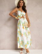 rosa Rochie Maxi Alb-Verde cu Decupaj la Burtă și Elastic în Talie Rlice