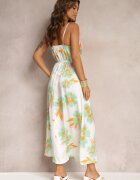 rosa Rochie Maxi Alb-Verde cu Decupaj la Burtă și Elastic în Talie Rlice