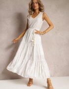 rosa Rochie Maxi Albă cu croială evazată cu șnur decorativ și decolteu triunghiular Zornitsa