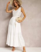 rosa Rochie Maxi Albă cu croială evazată cu șnur decorativ și decolteu triunghiular Zornitsa