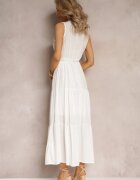 rosa Rochie Maxi Albă cu croială evazată cu șnur decorativ și decolteu triunghiular Zornitsa