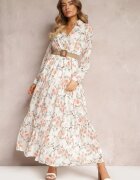 rosa Rochie Maxi Albă cu Curea Împletită și Elastic în Talie Florală Elanisa