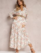 rosa Rochie Maxi Albă cu Curea Împletită și Elastic în Talie Florală Elanisa