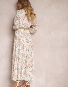 rosa Rochie Maxi Albă cu Curea Împletită și Elastic în Talie Florală Elanisa