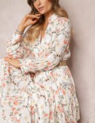 rosa Rochie Maxi Albă cu Curea Împletită și Elastic în Talie Florală Elanisa