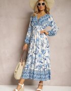 rosa Rochie Maxi Albastră cu Decolteu Petrecut și Elastic în Talie Nerene