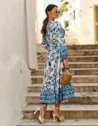rosa Rochie Maxi Albastră cu Decolteu Petrecut și Elastic în Talie Nerene